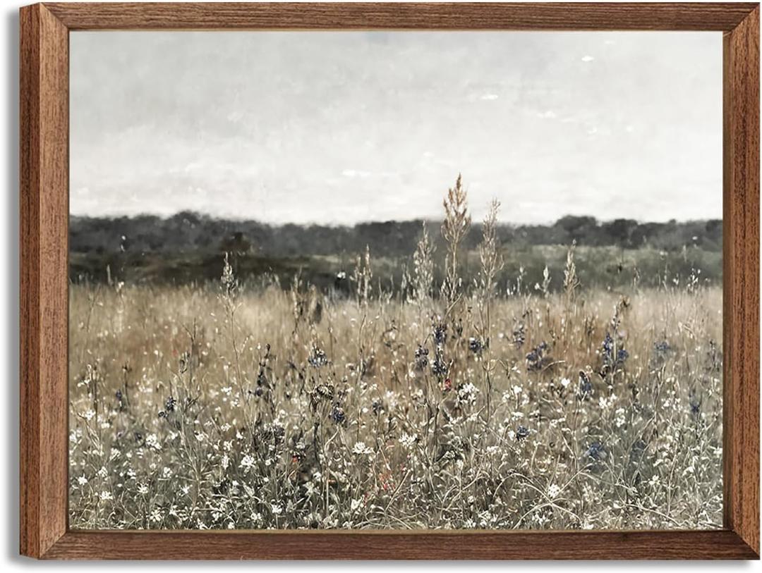 Vintage Flowers Canvas Wall Art,Country Meadow Nature Landscape Painting Posters Prints Rustic Farmhouse,Retro Botanical Wall Decor for Living Room Bedroom Bathroom Home Decor 8x10in Wood Framed