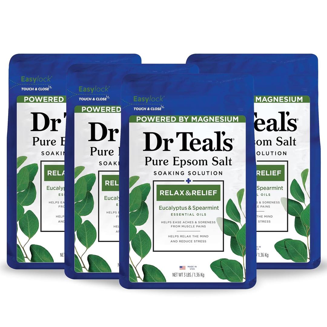 Dr Teal's Epsom Salt Magnesium Soak, Relax & Relief with Eucalyptus and Spearmint, 3 lbs (Pack of 4)