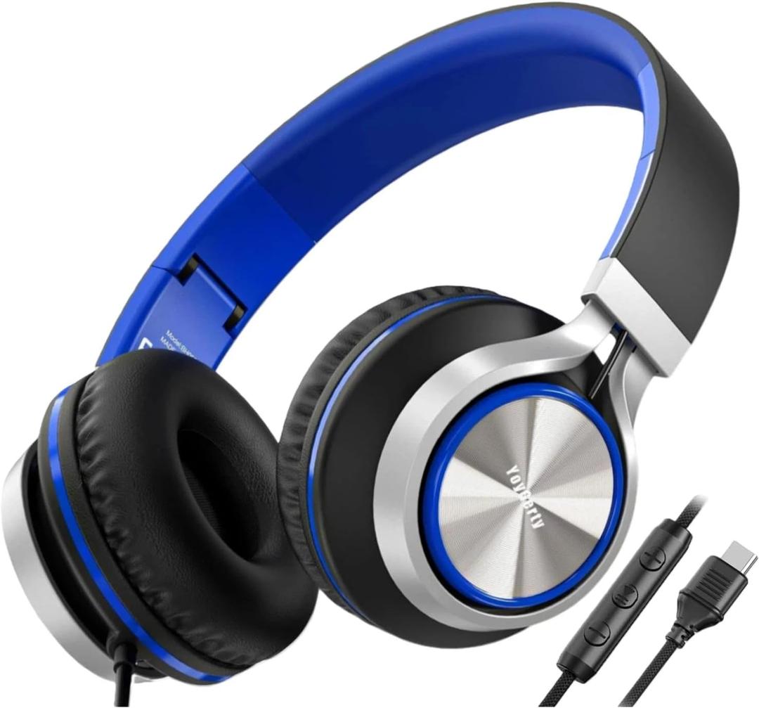 Upgraded USB Type C Wired Headphones, Foldable Over-Ear Headphones with Mic and Volume Control, Hi-Fi Stereo Sound for Adults/Teens/Toddlers/Tablets/Travel(Blue)