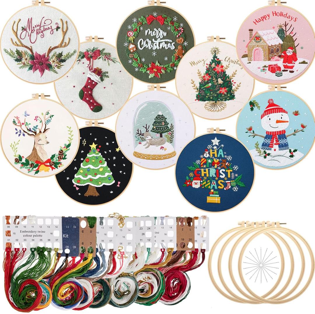Canlierr 10 Sets Christmas Embroidery Kit with Patterns Instructions Needle Thread Tool Christmas DIY Cross Stitch for Adult Beginner Lover Xmas Holiday Party Supplies(Classic Style)