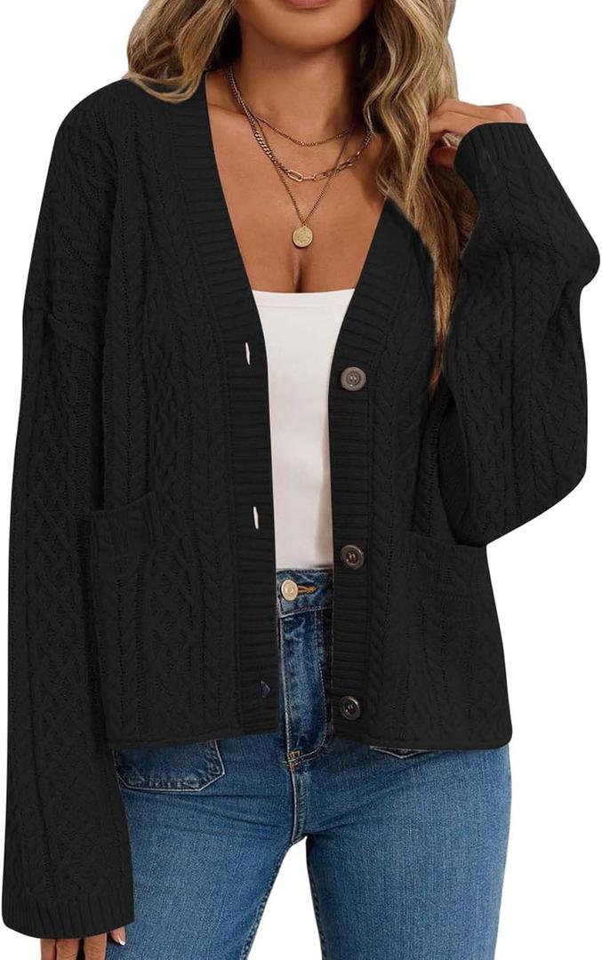 GREAIDEA Women's Fall Chunky Knit Open Front Sweaters Long Sleeve Button Cardigan 2025 Loose Short Outerwear Coats (Black, L)