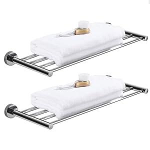 2-Tier Towel Racks for Bathroom Wall Mount, 20 inch Towel Shelves Stainless Steel, Bath Towel Holders for Toilet Kitchen Double Towel Hanger, Polished Finish