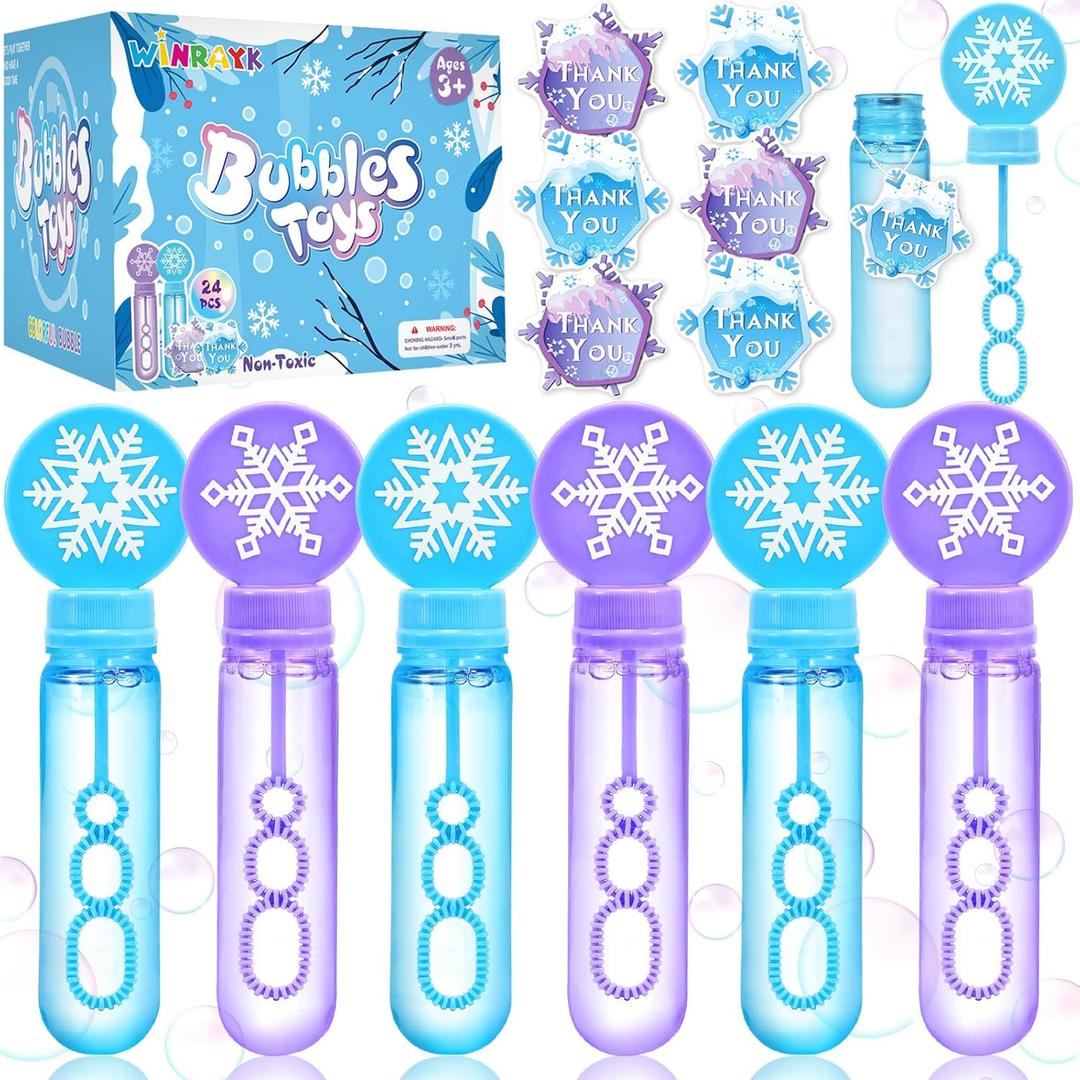 Winrayk 24 Large Snowflake Bubble Wands, Frozen Party Favors for Kids Bubbles Bulk, Winter Christmas Birthday Gift Pinata Filler Goodie Bag Stuffer Boys Girls Valentines Classroom Prize