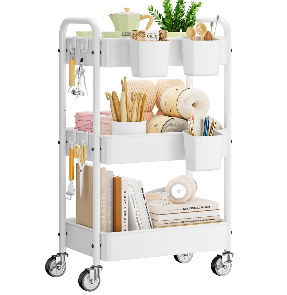 ALVOROG 3 Tier Rolling Cart with DIY Pegboards Metal Utility Cart with Wheels Handles Baskets Hooks, Storage Cart for Office Kitchen Bathroom(White)