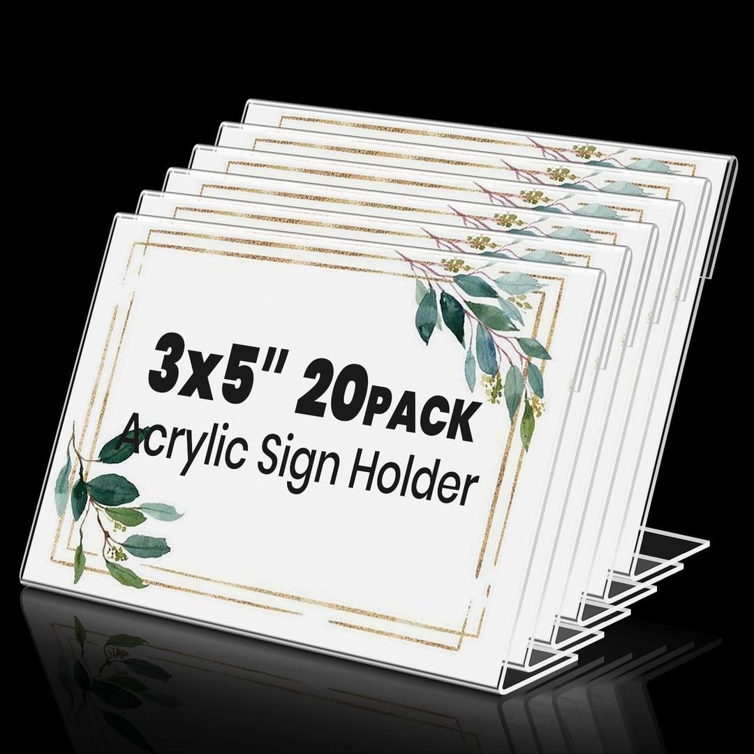 Acrylic Sign Holders 3x5 Inches Display Clear, Acrylic Table Signs Label Holders Slant Back Sign Holders Stand Small Acrylic Display Stands for Office, Store, Restaurant (20 PCS)