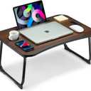 Foldable Lap Desk, Laptop Bed Desk, Portable Lap Table, Laptop Bed Table with Cup Holder & Tablet Slot & Lifting Handle for Working Writing Drawing & Eating - Walnut Brown