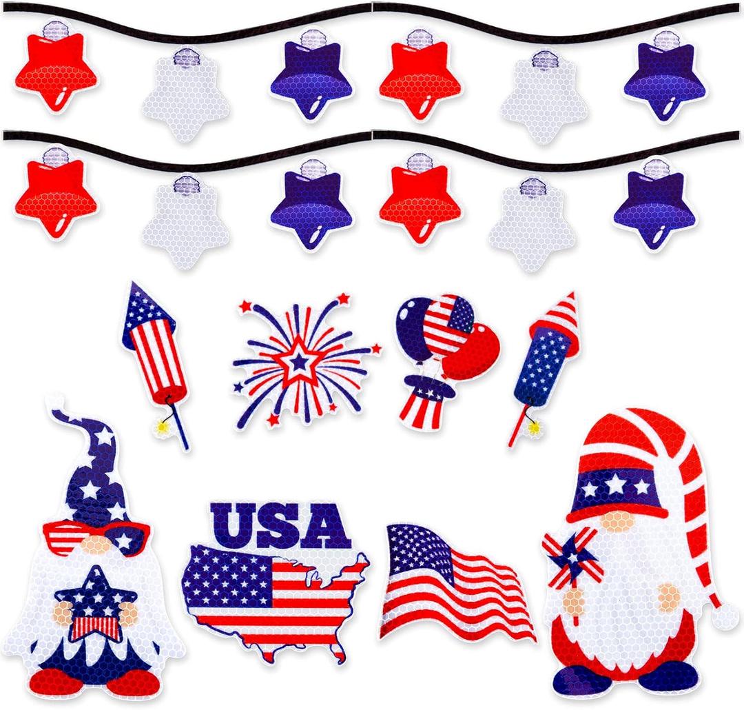 Whaline 24Pcs 4th of July Reflective Car Magnets Patriotic Refrigerator Magnets Independence Day Gnome Fridge Decor USA Flag Star Bulb Light Magnet with Lines for Kitchen,Metal Door,Cabinets,Mailbox