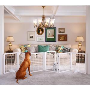 JSB 144-inch Extra Wide 30-inch Tall Dog gate with Door Walk Through, Freestanding Pet Gate for Halls, Stairs & Home, Pet Puppy Safety Dog Fence with 2PCS Support Feet (White)