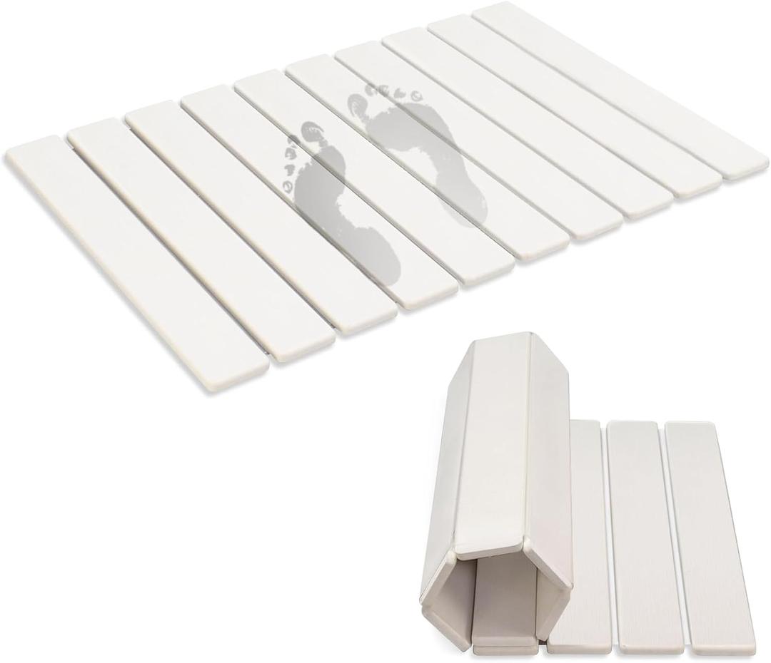 Revid Foldable Stone Bath Mats for Bathroom, 24"(L)16"(W) Diatomaceous Earth Bath Mat, Non-Slip Quick Dry Stone Mat, White