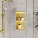 2-Tiers 12x24 Shower Niche with LED Light Strips, Golden Recessed wall Cabinet, Stainless Steel wall Niche for Shower wall, Waterproof NO Tile Needed Storage Organizer (3000K LED Light)