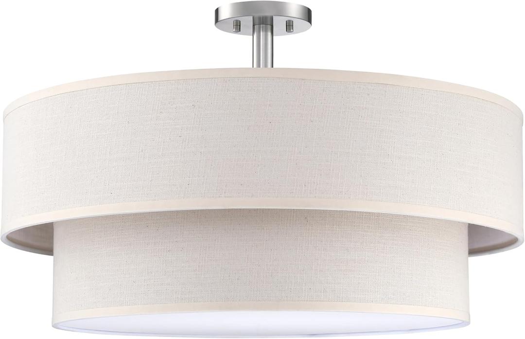 5 Light Semi Flush Mount Close to Ceiling Light Fixture,Linen Fabric Shade Brushed Nickel Finish 22 inch for Bedroom,Living Room,Dining Room Hallway