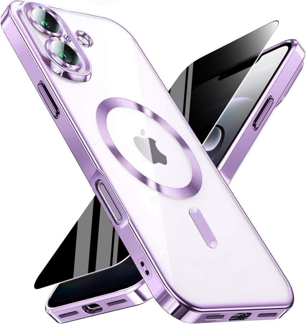 WEYNRBOX Magnetic for iPhone 17 Case with Privacy Screen Protector & Full Camera Cover,[Non-Yellowing] Shockproof Clear Phone Case Compatible with MagSafe Women Girls for iPhone17,Purple