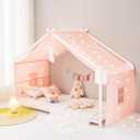 Mengersi Bed Canopy House Canopy Bed Curtains with Lights, Montessori House Bed Metal Floor Bed Canopy for Girls Boys, Fit for Twin Full Queen Bed Decorations (Beige Pink)