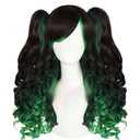 Anogol Hair Cap+Dark Green Lolita Wig Women Green Mixed Black Cosplay Wig with Curly Ponytails Dark Greenish Black Ponytails with Bangs Anime Outfit for Halloween Christmas Party St. Patrick's Day Wig