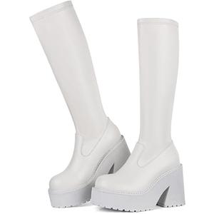 AMINUGAL Womens Elastic Knee High Platform Chunky Block High Heel Sock Boots Zipper Round Toe Fashion Motorcycle Combat Punk Boots For Women, 8.5
