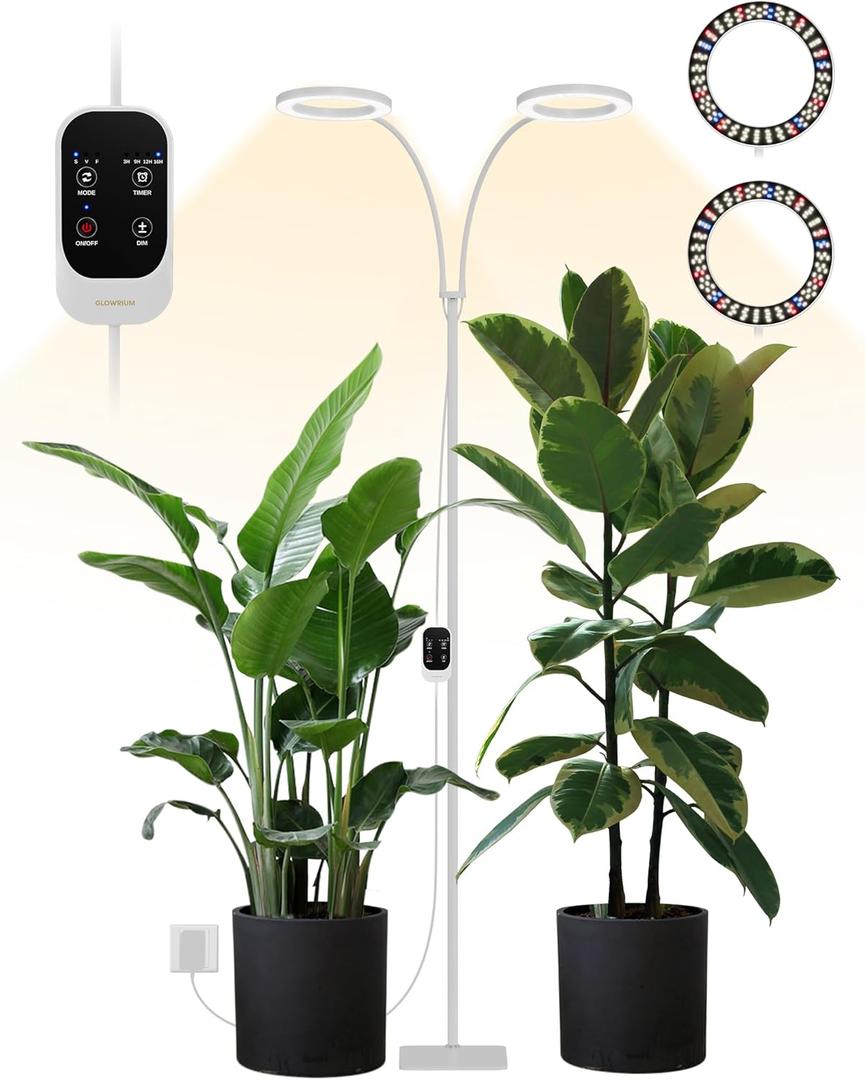GLOWRIUM 48W LED Dual-Head Grow Light for Indoor Plants, 23.5-71" Adjustable Height, 3-Growing Full Spectrum for Tall Plant Light, 3/9/12/16H Timer, 6-Level Dimming, Ideal for Large Tall Plants
