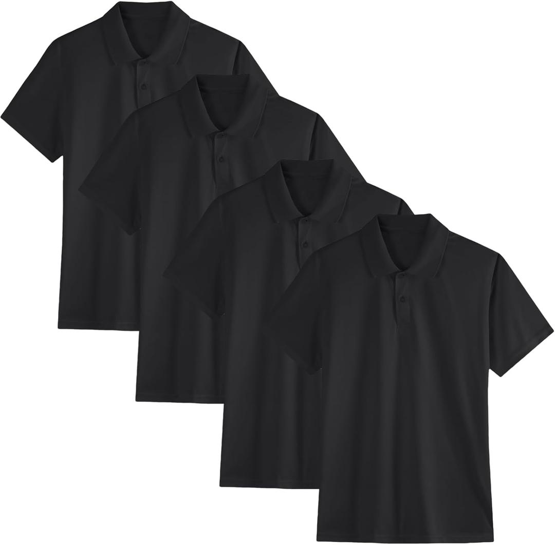 4 Pack Boys Youth Kids Polo Shirt Mesh Athletic Quick Dry Short Sleeve Golf Shirt Moisture Wicking Active Tops(Age 5-16) (13-14 Years, Black)