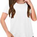 Haloumoning Girls Summer T Shirts Loose Curved Hem Short Sleeve Shirt Athletic Casual Tops Tees 4-14 Years, 130 (White)
