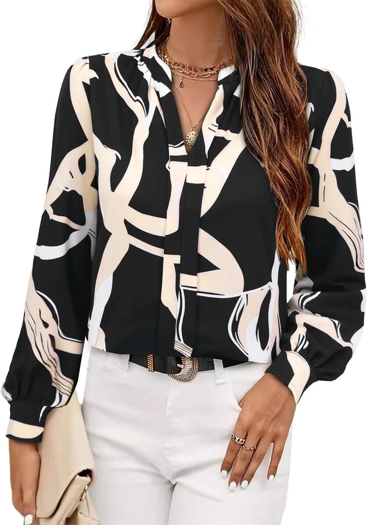 Avanova Women V Neck Long Sleeve Tops Casual Work Blouses Shirts Black Beige Medium (Black, M)