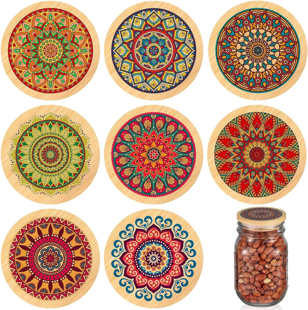 Beeveer 8 Pcs Mason Jar Lids for Regular Mouth Bamboo Mandala Decorative Storage Yogurt Jar Lids 2.76 Inch with Airtight Silicone Sealing Rings Reusable for Round Canning