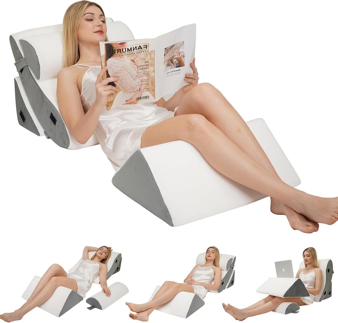 4PCS Orthopedic Wedge Pillow Set for Sleeping, Adjustable Bed Support for Back, Knee, Leg & Lumbar Pain Relief, Acid Reflux, Anti-Snoring & GERD (White)