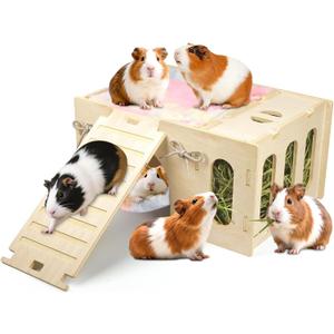4 in 1 Upgraded Guinea Pig Hideout, Large Guinea Pig Castle with Hay Feeder, Hammock, House and Ramp, Easy to Assemble Wooden Guinea Pigs Toy for Chinchilla Rabbit Guinea Pigs Accessories
