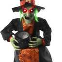 Haunted Hill Farm Sitting and Talking Witch Halloween Animatronic with Moving Mouth and Light-Up Mini Cauldron for Scary Halloween Decorations, Spooky Halloween Props, Perfect for Tabletop