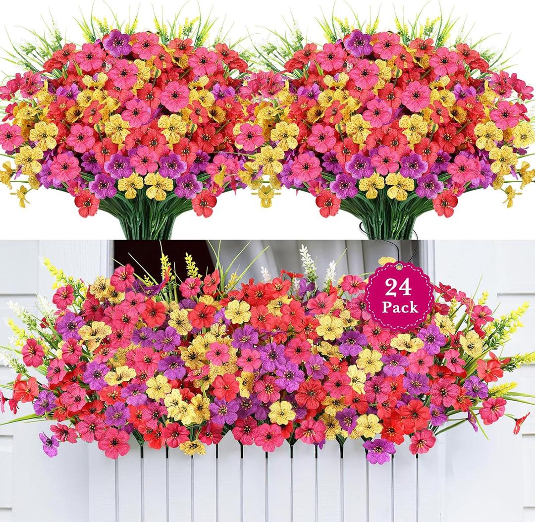 24 Bundles Realistic Fake Flowers for Outdoors, No Fade Faux Silk Flowers & Artificial Plants Lavender, for Garden Patio Porch Decor, Window Box, Hanging Basket, Planter, Grave Decorations