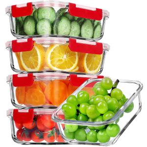 VERONES 5 Pack 36 OZ Glass Meal Prep Containers, Airtight Glass Lunch Containers Set, Glass Food Storage Containers with Lids,Exclusive of BPA, for Microwave, Oven, Freezer & Dishwasher Friendly,Red