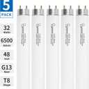 F32T8/865 Fluorescent Light Bulb, 48 Inch, 32 Watts, 6500K Daylight, 2800 Lumens, G13 Bi-Pin Base, 4FT T8 Fluorescent Tube Light Bulbs - 5 Pack