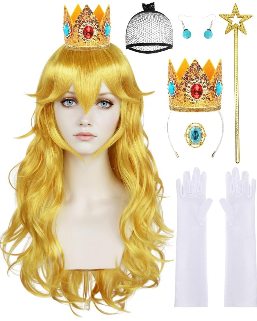 ANOGOL Hair Cap+ 28 Inch Princess Wig for Women Golden Long Wavy Wigs Peach Cosplay Wig Anime Synthetic Hair for Halloween Party Costume (1 Crown+ 1 Wand+ 2 Earrings+ 2 Gloves+ 1 Brooch)