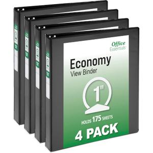 Office Essentials Economy View 3 Ring Binders, 1" Round Rings, 1.4" Spine, 175-Sheet Capacity, Black Binders, 4-Pack