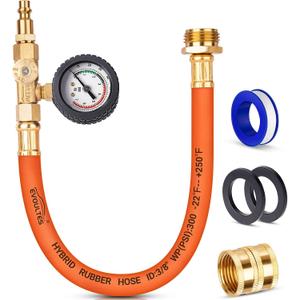Brass RV Winterizing Kit with Pressure Guage, 17 Inch Garden Hose with 3/4" GHT Blow Out Fitting Adaptor & 1/4" NPT Quick Connect Plug, Sprinkler Blowout Adapter for Camper, Travel Trailer
