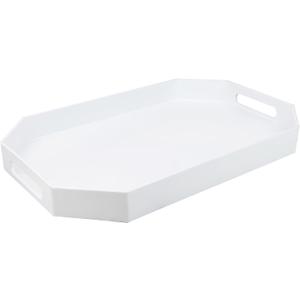 White Octagonal Serving Tray with Handles for Coffee Table, Plastic Decorative Tray for Ottoman, Kitchen Counter, Living Room, Outdoor Lacquer Tray for Entertaining (15.7" x 10.2" x 1.6")