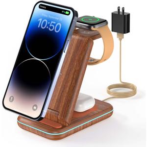 Wireless Charging Station: GEEKERA 3 in 1 Foldable Wireless Charger Stand for iPhone 17/16/15/14 13 12 11 Pro Max/X/8, Charging Station for Apple Watch Ultra/SE/11/10/9/8/7/6/5/4, AirPods 4/3/2/Pro (Dark Wood)