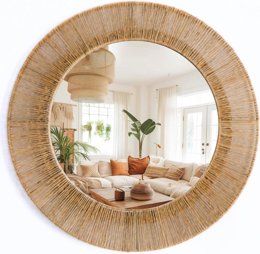 24 Inch Jute Mirror, Large Coastal Boho Round Mirror with Rustic Natural Jute Frame, Farmhouse Wall Decor Accent Handwoven for Bathroom, Bedroom, Living Room, or Entryway