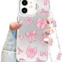 Jusy Coquette Bowknot Phone Case for iPhone 11, Cute Pink Ribbon Bow Aesthetic Case for Women Girls with Bracelet Chain - 2019 Pink