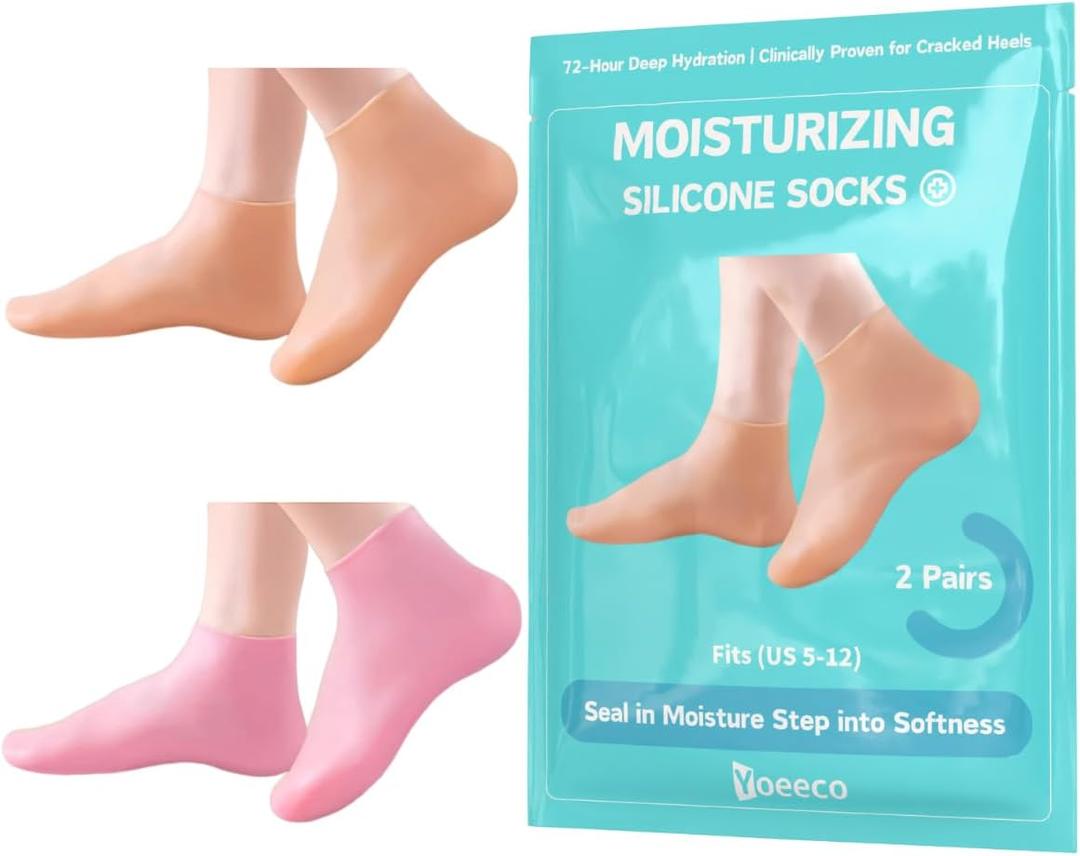 Reusable Silicone Socks for Dry Cracked Feet & Heels - Moisturizing Socks for Women and Men Fits Sizes US5-12 - Lotion Rubber Socks for Overnight Repair & Spa Treatment (Beige & Pink)
