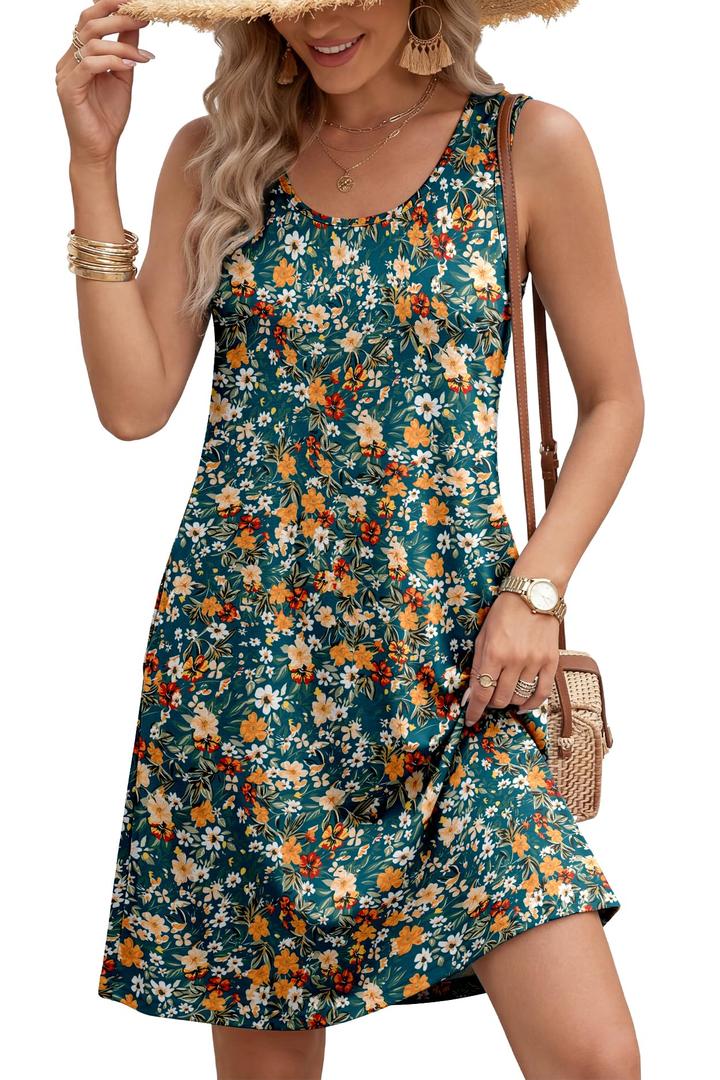 LUXVEER Womens Summer Hawaiian Dresses 2026 Floral Printed Casual Loose Boho Dress Scoopneck Sleeveless Sundresses Beach Vacation Swimsuit Coverup (L)