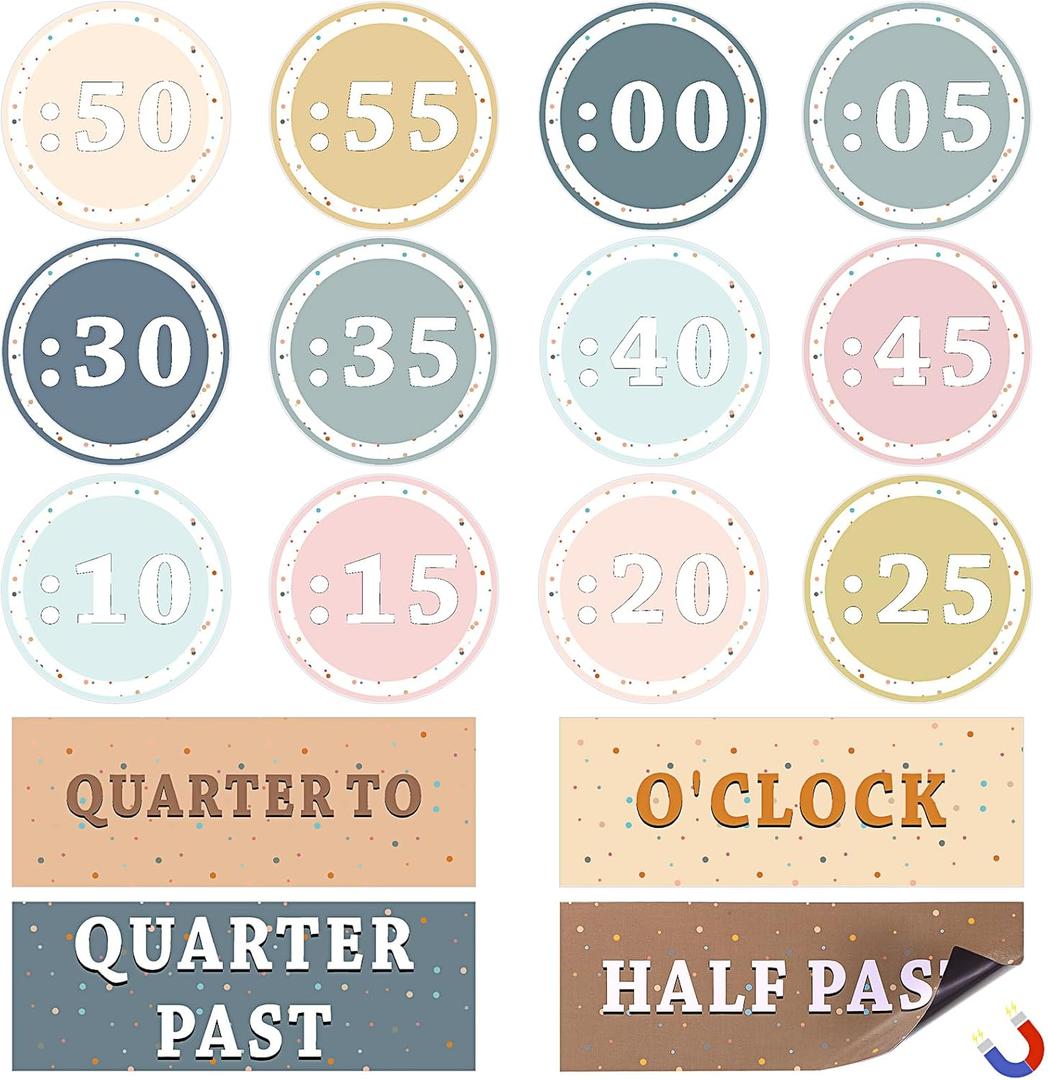 16 Pcs Morandi Clock Numbers Labels, Telling Time Classroom Decorations Elementary, Magnetic Modern Clock Labels for Home School Classroom Wall Decor Math Class Must Have