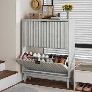 Shoe Storage Cabinet with 2 Flip Drawers, Walnut Fluted Narrow for Entryway, Slim Shoe Rack Cabinet Organizer 31.5in (Gray) 