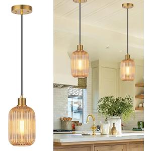2 Pack Amber Cylinder Pendant Lights Kitchen Island with Ribbed Lampshade, Brushed Gold Hanging Light Fixture, Adjustable Pendant Lighting for Kitchen Island Sink Dining Room (Bulbs Not Included) 2 Pack Brushed Gold + Amber Glass
