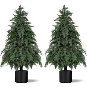 Yangrass 2Pack Artificial Topiary Trees, 3FT Faux Cypress, Faux Evergreen Pine Shrubs Plants with Pot, Potted Plants for Front Porch Indoor Outdoor Garden Christmas Decor
