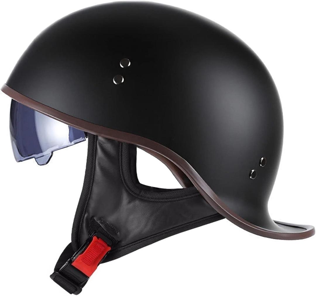 Motorcycle Retro Half Helmet DOT Approved Adult Men Women Vintage German Style Half Face Skull Cap Helmets for Scooter Moped Cruiser Chopper ATV Motorbike Baseball Cap with Visor Goggles (Medium(56-58cm), Matte black)