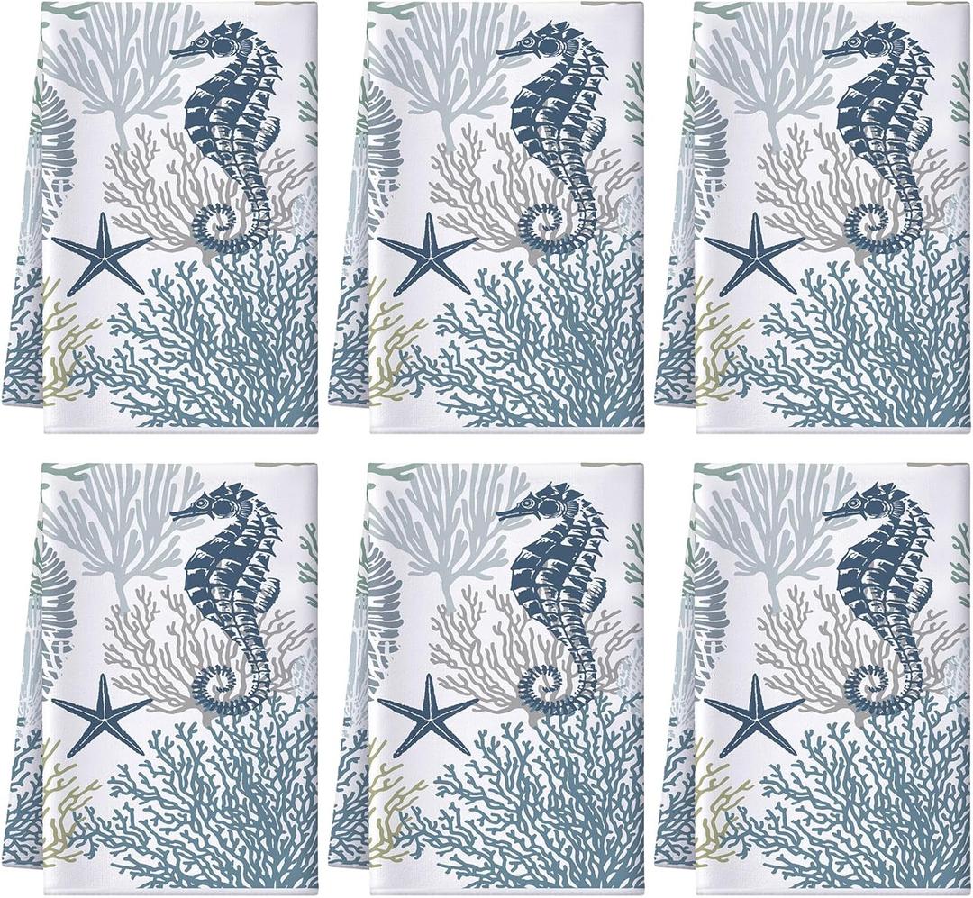 Preboun 6 Pcs Coastal Beach Kitchen Towels Coastal Hand Towels for Bathroom 17 x 26 Inch Ocean Theme Party Beach Dishcloth Set Sea Seashell Coral Starfish Bath Decorations for Cooking Kitchen Bathroom