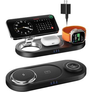 Upgraded 3 in 1 Wireless Charging Station for Apple Devices, Faster Mag-Safe Charger Stand, Magnetic Charger Station for iPhone 17/16/15/14/13/12 Series & AirPods Pro & Apple Watch Series (Black)