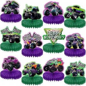 CHUNNIN 12PCS Green Purple Monster Truck Honeycomb Centerpiece Monster Truck Birthday Party Decorations 3D Monster Truck Table Ornament Racing Car Decor for Kids Birthday Baby Shower Party Favors