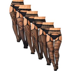 Skylety 6 Pairs Fishnet Stockings for Women Plus Size Thigh-high Tights Stockings Suspender Pantyhose Garter Belts (X-Large-XX-Large, Elegant Black)