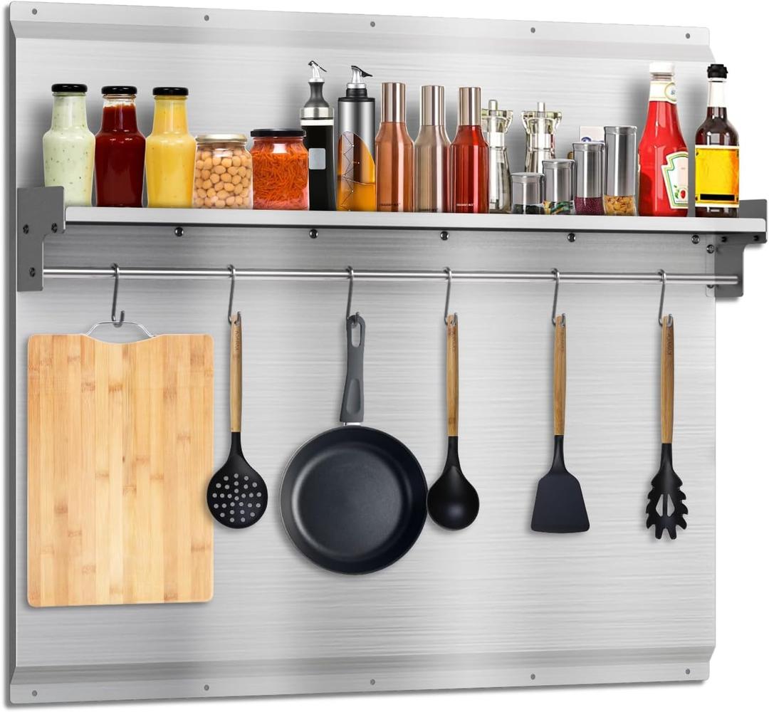 30"x24" Stainless Steel Backsplash for Stove & Hood, Stove Backsplash with Storage Shelf & Hanging Rack, Easy-Clean Kitchen Wall Splash Guard & Protector