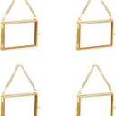 Alpertie 4PCS Glass Frame for Pressed Flowers, 3x2 Inch Creative Brass Hanging Photo Frame Double Glass Frame with Chain DIY Vintage Home Decor(Style 2) (Gold)